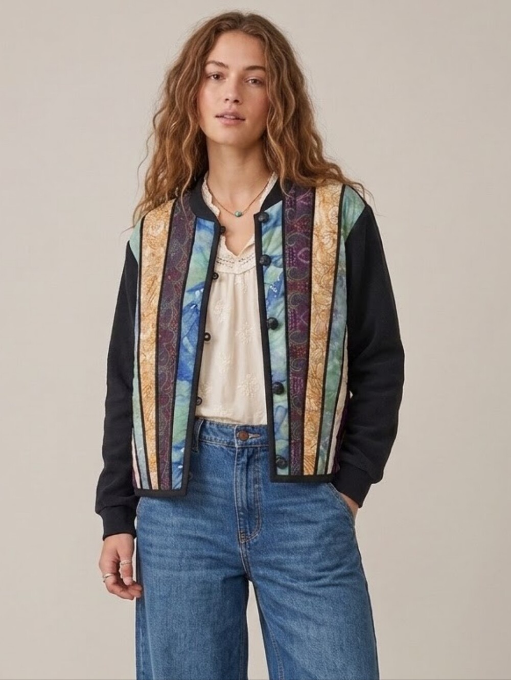Artisian Colourful Quilted Patchwork Bomber Jacket Large Boho Cottagecore Fleece